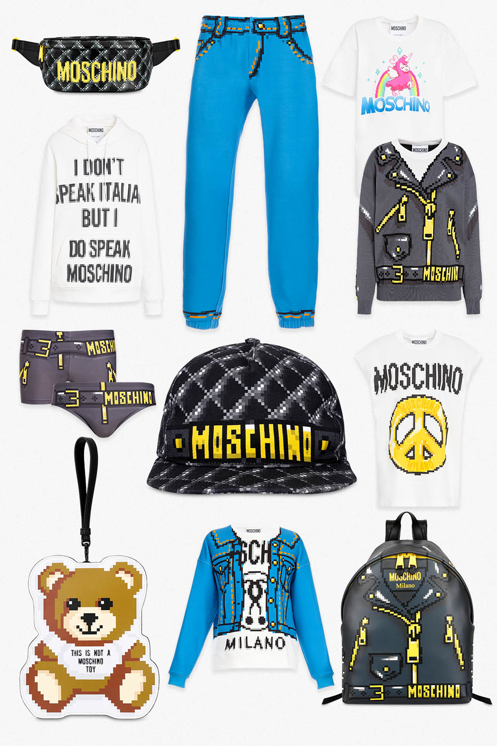 Moschino x The Sims -malliston miesten tuotteita.